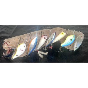 8 Fishing Lure Crankbaits on Driftwood Wall or Table Decor 12" Fish Decor